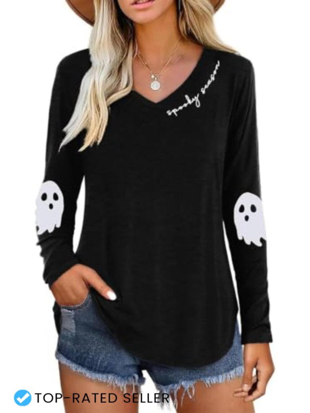 Halloween Women's Long Sleeve V-Neck Top Funny Ghost Graphic T-Shirt Fall
